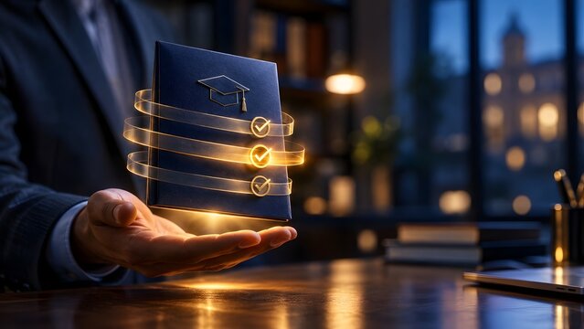 Professional holding a glowing graduation diploma with check marks