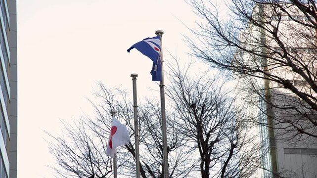 Japanese Flag and City Flag Waving in Winter Wind