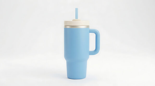 A light blue tumbler with a handle and a straw, isolated on a white background.