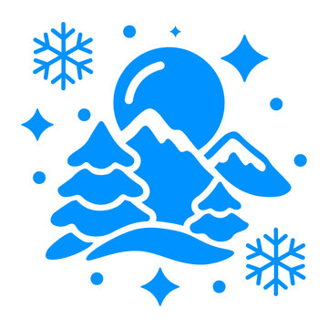 Blue Winter Mountain Landscape Icon with Pine Trees, Snowflakes, and Stars Vector Design Element