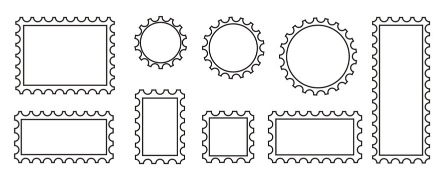 Black postage stamp outline border, empty stamps set. Collection of different color blank postage stamp outlines perfect for creative design projects .