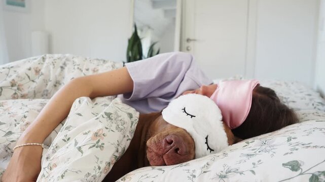 Woman and brown Pit Bull sleeping in bed wearing sleep masks. Daytime sleep. Pet care, comfort, and love. Symbolizes deep bond and caring for animals. Ideal for pet lifestyle content