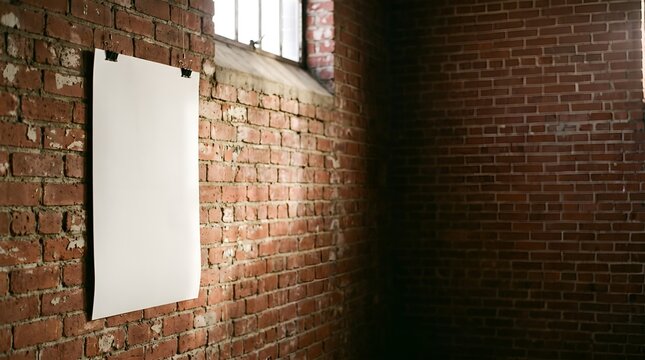 Blank vertical poster hanging on raw red brick wall mockup copy space