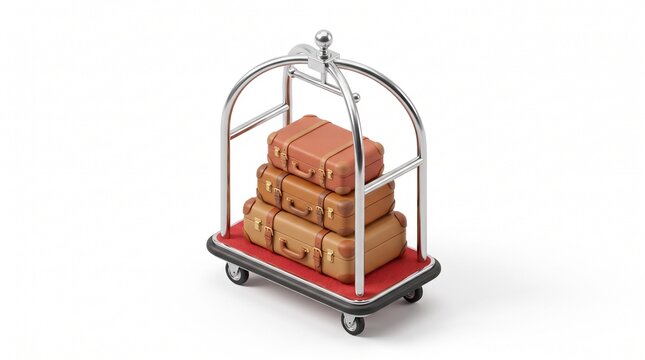 Hotel luggage cart with stacked suitcases isolated on white background