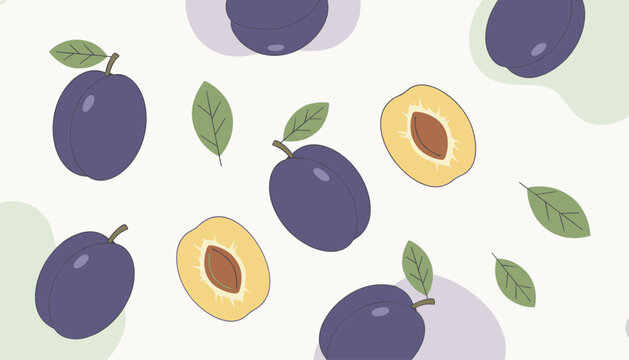 Seamless pattern of purple plums and green leaves with sliced fruits showing yellow flesh and seeds on a light background.