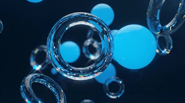 Abstract blue spheres and glass rings on dark background