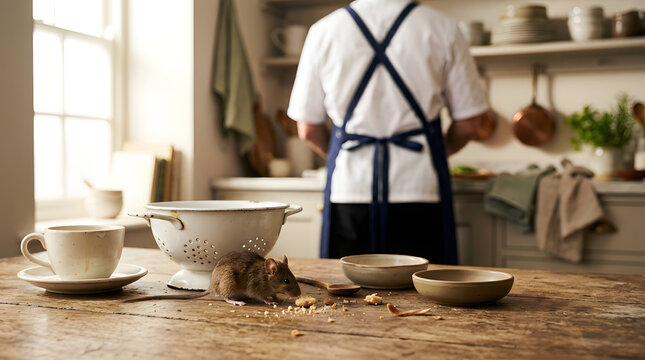 Rat eating food scraps on a rustic wooden kitchen table while chef works.
