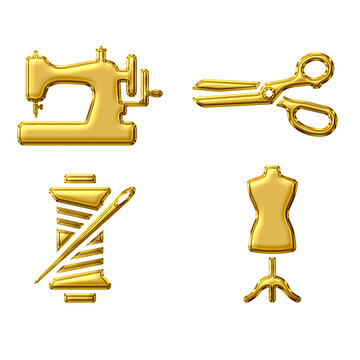 3D fashion tailoring and garment dressmaking craft icon set featuring sewing machine fabric shears thread spool with needle and mannequin dummy