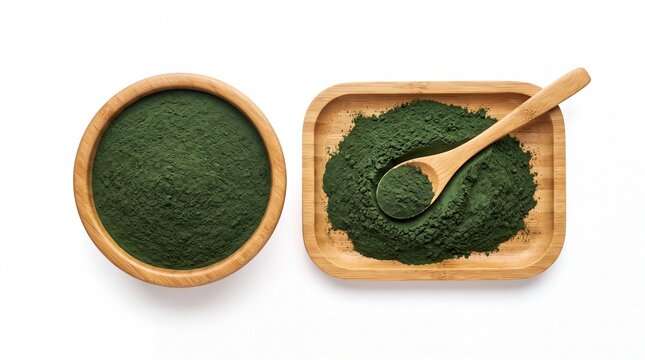 Spirulina algae powder in wooden bowls and a spoon on white background