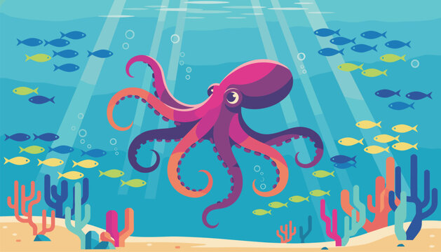 Vibrant undersea landscape illustration featuring a large pink octopus swimming among schools of fish and corals.