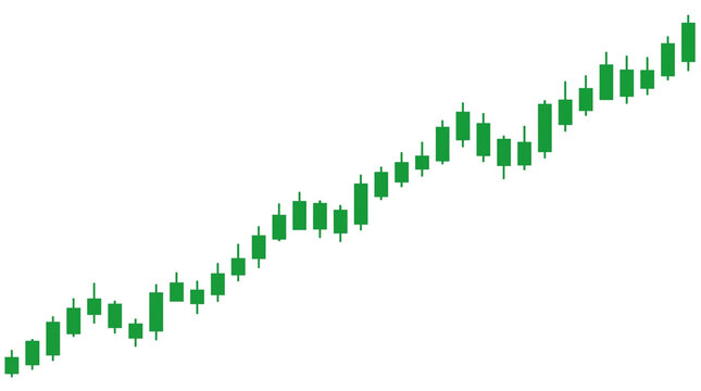 Stock market candlestick chart showing bullish trend and price growth. Green trading candles rising upward with wicks. Financial analysis and investment graph vector illustration.