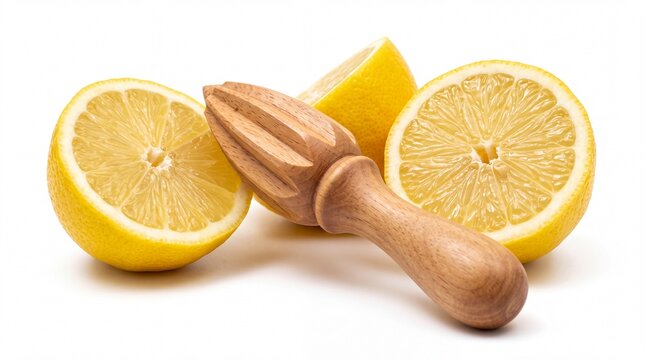Wooden manual lemon juicer displayed alongside fresh citrus halves and slices on white background