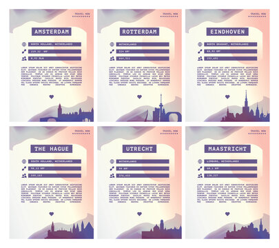Netherlands vector pack with infographics layouts, posters, flyers. Graphic template with data about Amsterdam, Rotterdam, Eindhoven, Hague, Utrecht, Maastricht for web page, travel guide