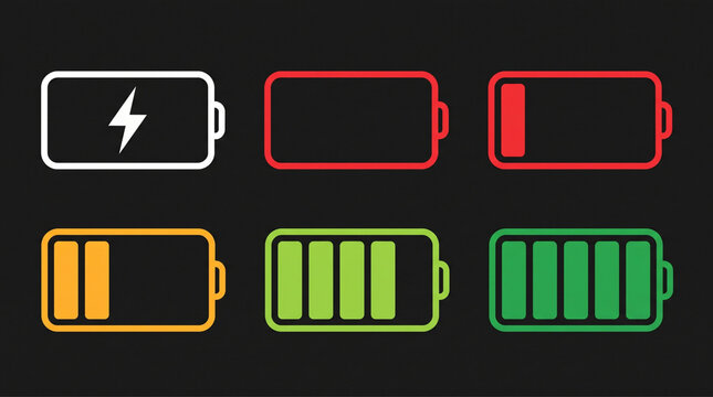 Battery level indicators and charging status vector icon set. Includes empty, low, medium, full capacity symbols and lightning bolt charging sign. Flat UI elements for mobile devices.