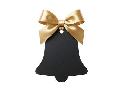 Black bell shaped tag with golden bow illustration. Features paper cutout ornament design with metallic ribbon accent. Festive holiday decoration for Christmas and winter greeting cards.