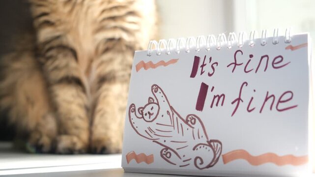 Cute cat sitting next to a notepad with the handwritten text &ldquo;It&rsquo;s fine, I&rsquo;m fine.&rdquo; The humorous, relatable quote adds a touch of lighthearted  gentle self-awareness,  uplifting and motivational vibe