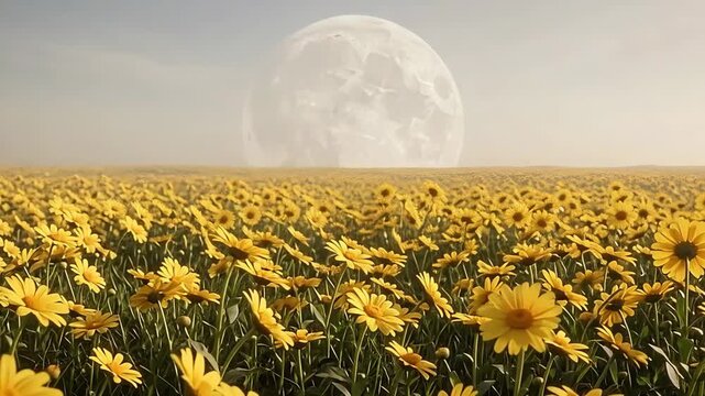 Full moon rising over field of yellow daisies