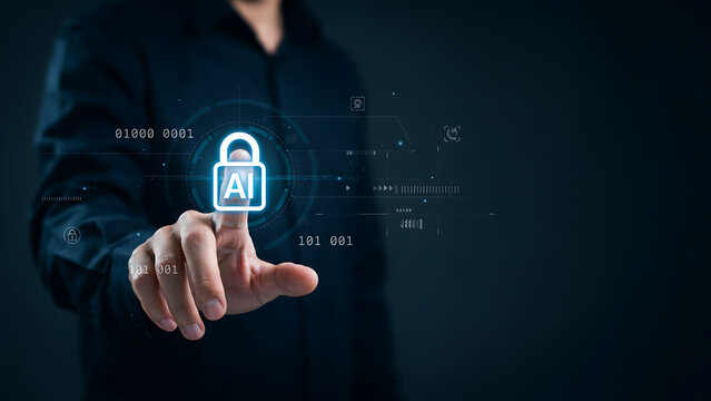 Person touching artificial intelligence security lock icon on digital interface with binary code background