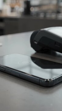 Smartphone and card reader for contactless payment on a retail counter with reflective surfaces