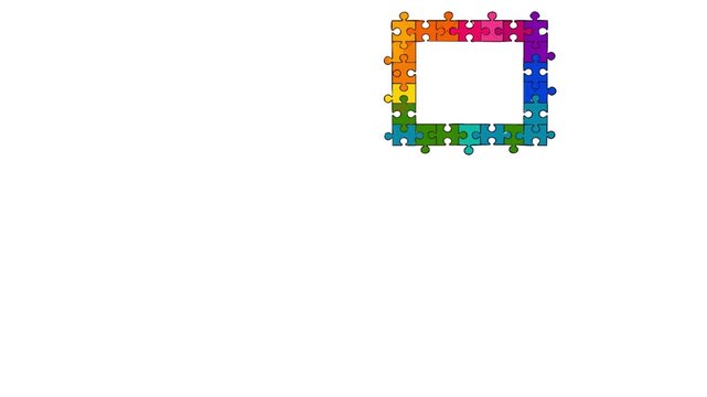 Animated green and multicolored jigsaw teamwork puzzle frame collection featuring interlocking puzzle pieces, geometric borders, and playful decorative details. Ideal for educational videos