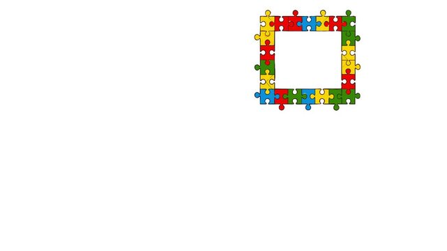 Colorful animated jigsaw teamwork puzzle border collection featuring geometric frames, interlocking puzzle pieces, bright decorative accents, and playful shapes. Suitable for educational videos
