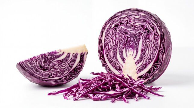 Fresh cut purple cabbage half and shredded pieces isolated on white background
