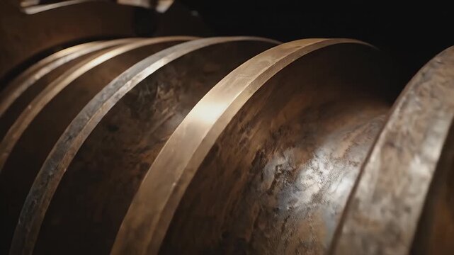 Close up of curved bronze industrial metal machine plates