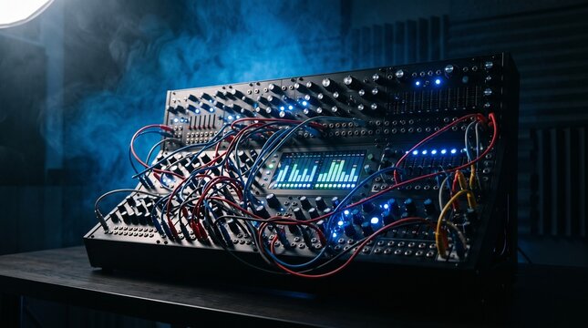 Modular synthesizer with patch cables and glowing lights in studio