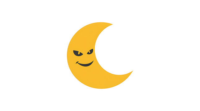 Mischievous Yellow Crescent Moon Cartoon Illustration with Evil Grin on White Background for Children's Media