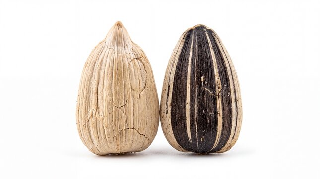 Close up studio macro shot of shelled and unshelled sunflower seeds on white background