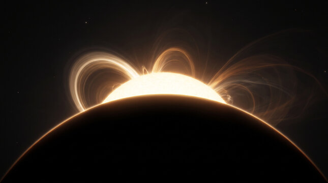 Massive glowing star with fiery coronal plasma loops rising behind dark curved planet horizon in deep outer space universe background cinematic concept