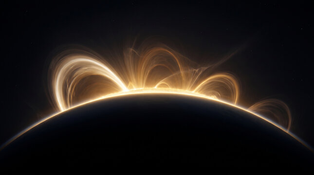 Massive glowing star with fiery coronal plasma loops rising behind dark curved planet horizon in deep outer space universe background cinematic concept