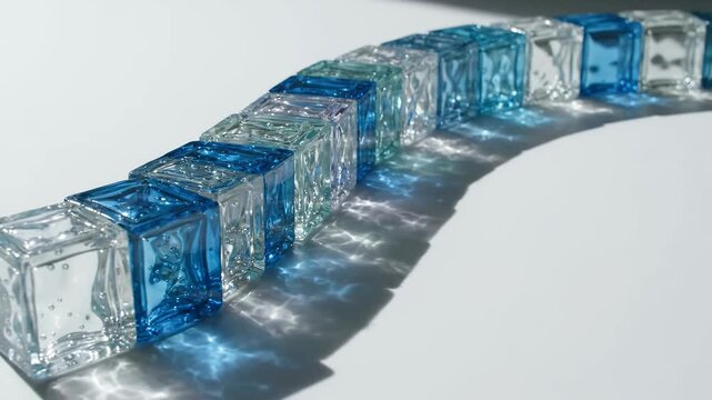 Curved row of blue and clear glass cubes on white