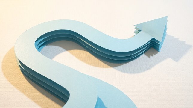 Winding blue paper arrow pointing upwards isolated on white background