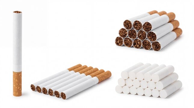 Multiple filtered cigarettes arranged in neat stacks and rows isolated on white background