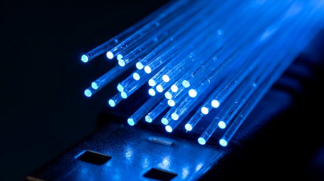 Close Up Glowing Neon Blue Fiber Optic Cables Background