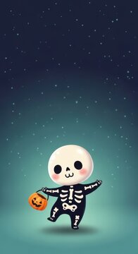 cartoon cute skeleton child holding pumpkin lantern against starry night background