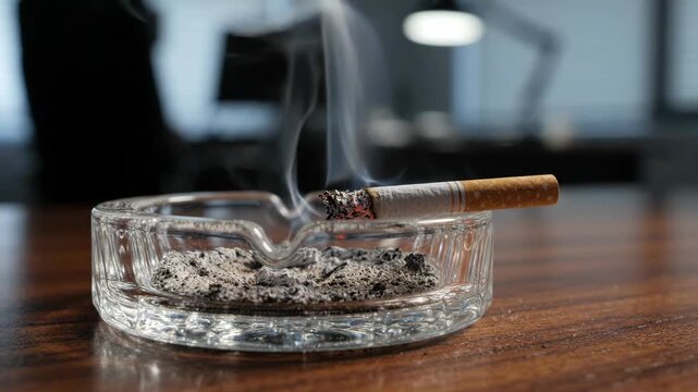 Close up of burning cigarette with smoke in glass ashtray on wooden desk