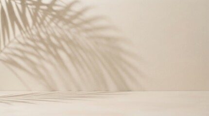 Obraz premium Palm leaf shadow cast on a plain light beige wall and surface background for product display with minimalist backdrop