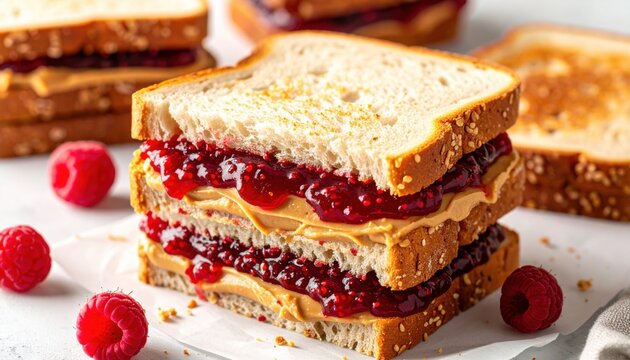 A close-up of a peanut butter and raspberry jam sandwich made with multigrain bread, surrounded by fresh raspberries.