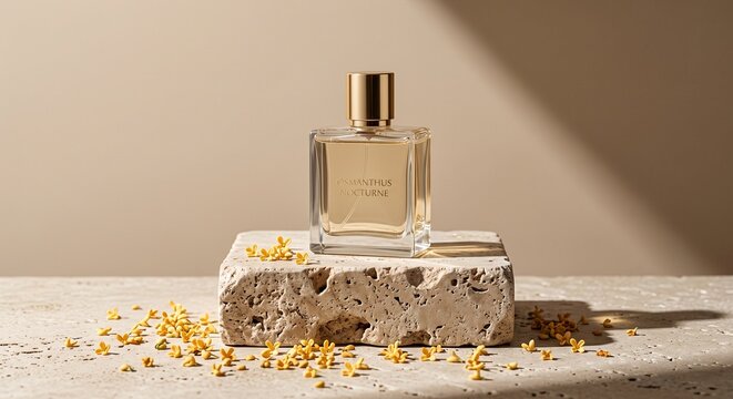 Luxury Perfume Bottle on Travertine Pedestal with Golden Osmanthus Petals