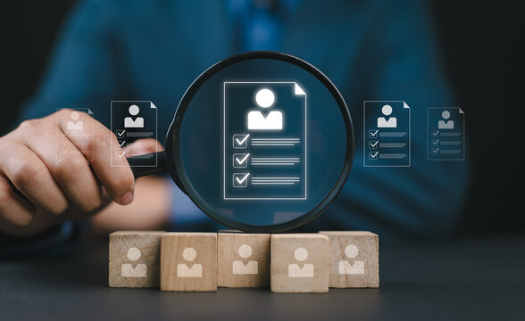 HR, HRM, background check employee screening, applicants, employees need to fill out an online survey, selecting the best person to work with the organization, human resources management concepts.