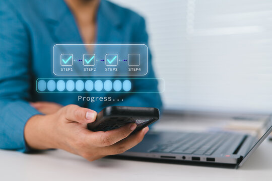 Workflow progress and process tracking with professional using smartphone and laptop to monitor completed steps, task status, milestones and digital business workflow completion