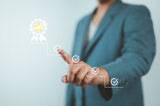 Achievement Pathway, digital checklist with glowing badge, symbolizing goal completion and success in a business setting, coach the way of setting goals, objectives and success.