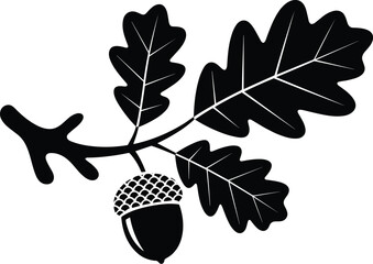 Oak branch with acorn and leaves black silhouette vector illustration for autumn nature foliage emblem graphic design © Rafat_Stock