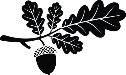 Oak branch with acorn and leaves black silhouette vector illustration for autumn nature foliage emblem graphic design © Rafat_Stock
