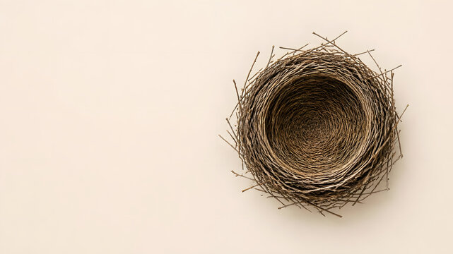 Empty Natural Twig Bird Nest Isolated Top View on Beige Background