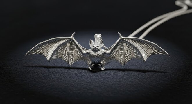 Detailed silver bat pendant with intricate wing patterns and a textured design on a dark background