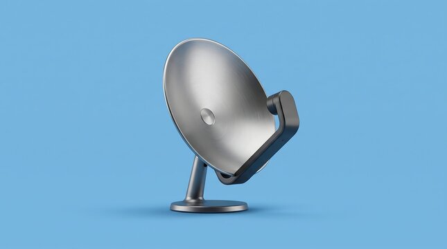 Modern satellite dish antenna on stand isolated on blue background