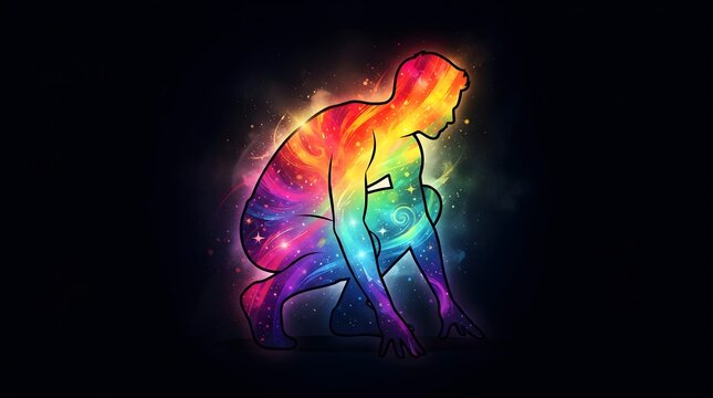 Human silhouette filled with glowing vibrant cosmic colors and stars in a dynamic crouching sprint starting position against a dark black background during night